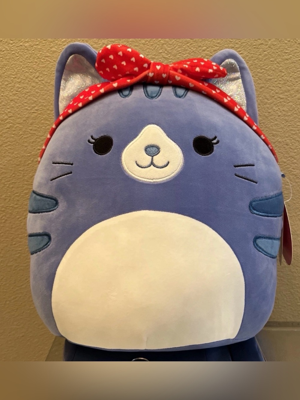 NWT Squishmallows Carizma Blue Cat Plush with Red Heart Headband